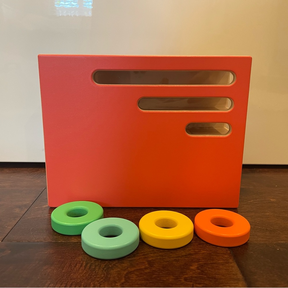 Kids Wooden Stacking Donut Toy - Red with Green, Mint, Yellow & Orange Rings